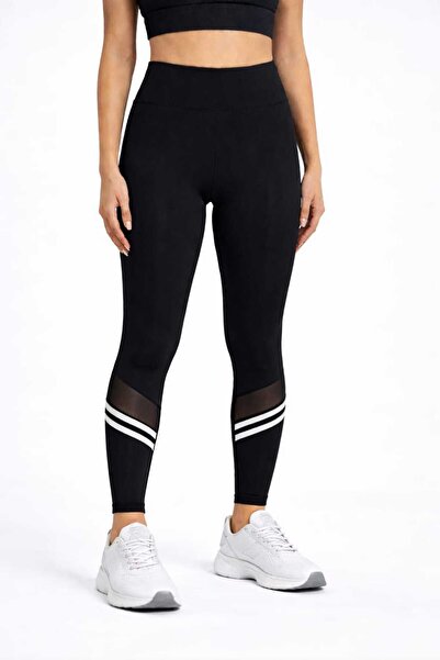 zalfe Women's High Waist Toning Firming Black Sports Leggings with White Stripe