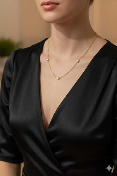 stainless steell Çelik Gold Minimal Kare Zirkon Taşlı Zincir Kolye