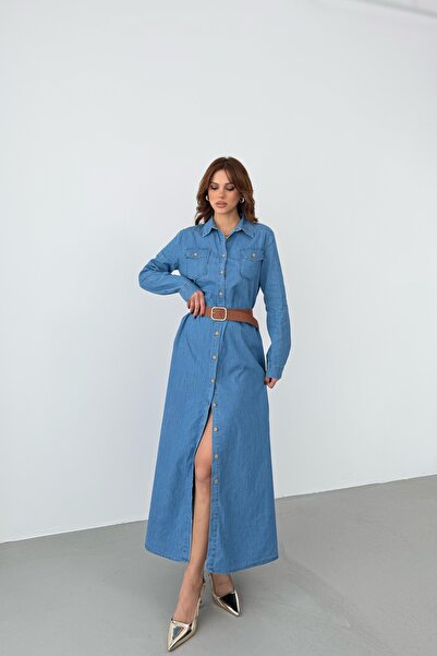 BEJNA Women's Belted Maxi Denim Shirt Dress