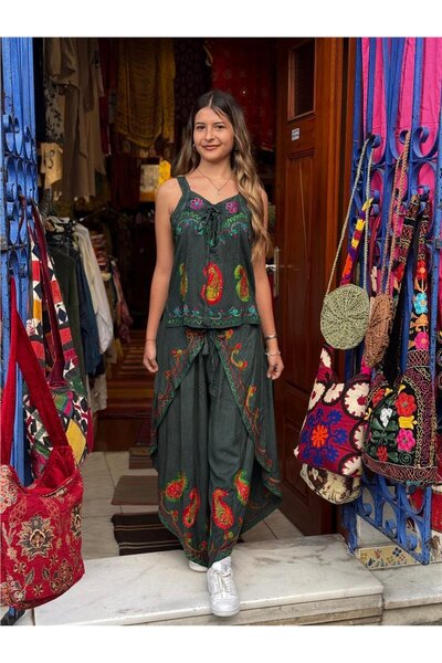 Miss Boheme Khaki Color Embroidered Pants and Blouse Set