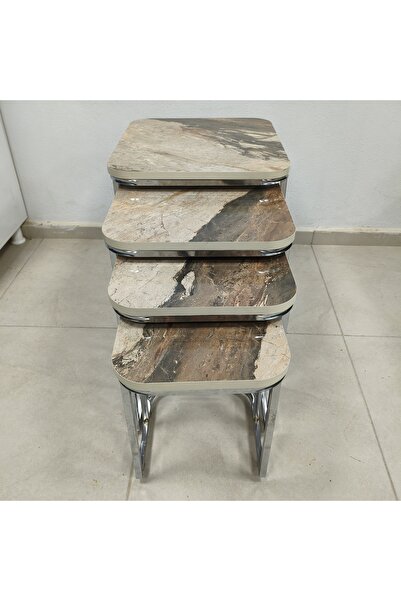 Emintarz Mermer Görünümlü Krom Ayaklı Zigon Sehpa Takımı 4’lü Tekerlekli Mode...