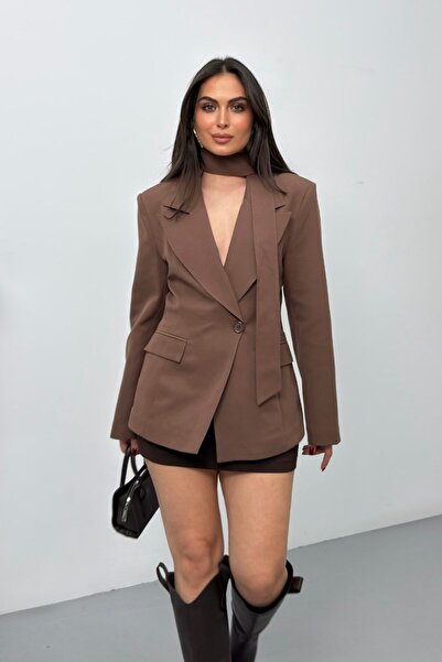 spirituel Women's Blazer Jacket with Scarf Detail, Pocket Appearance, Waist-F...