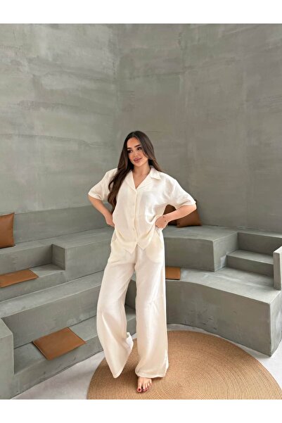 FREEWİSE 100% Pure Cotton Short Sleeve Muslin Fabric Women's Pajama Set