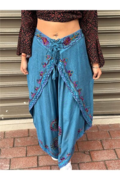 Miss Boheme Petrol Color Ethnic Embroidered Pants with Cap