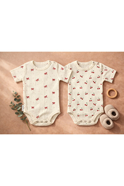 greenmoss Kız Bebek Fiyon & Kiraz Desenli 2’li Çıtçıtlı Body Set %100 Pamuk