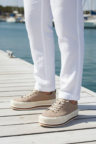 MARCOMEN M67020 Men's Beige Color Linen Shoes with Rubber Laces and Espadrill...