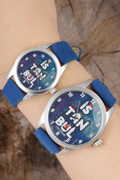 Twin Store Istanbul Design Navy Blue Leather Strap Couple Watches