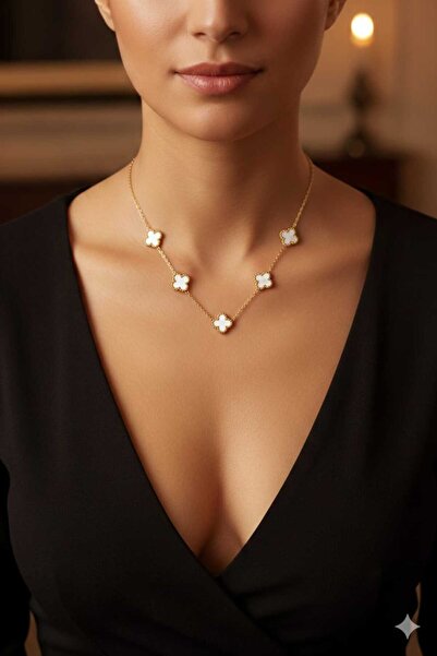 staınless steel White Stone Gold Color Clover Steel Necklace