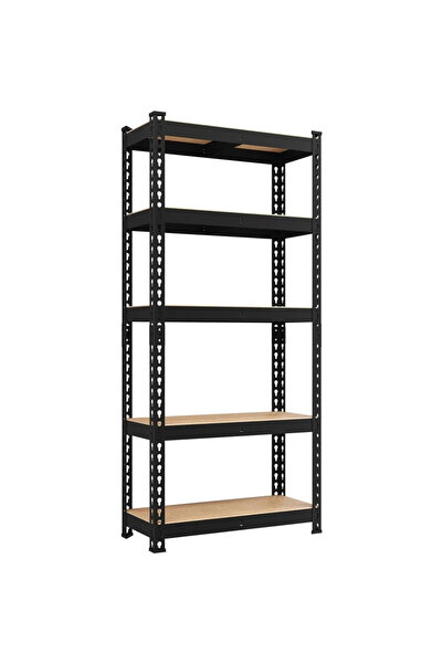 Protector Heavy-duty 5-tier metal storage unit, black in color with wooden sh...