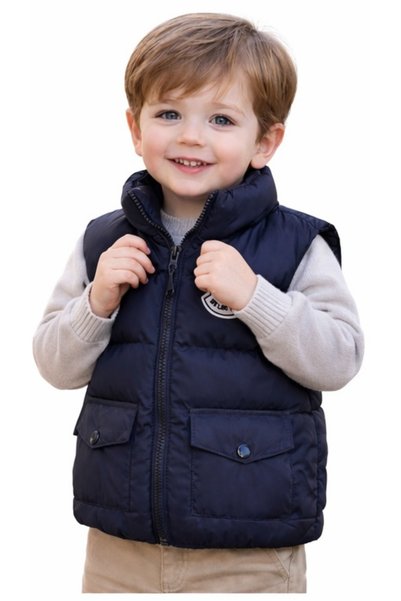İrem Çocuk Giyim Boy's Inflatable Vest with Zipper Closure, Pocket Model and Emblem, Navy Blue Color