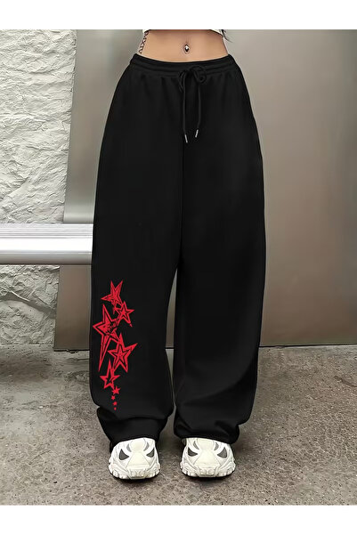 Nilvor Unisex Kırmızı Yıldızlar Baggy Kesim Geniş Paça Eşofman Altı