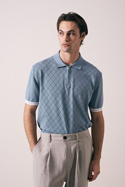 İLKCET MODA Baklava Patterned Indigo Zippered Men's Knitwear T-Shirt