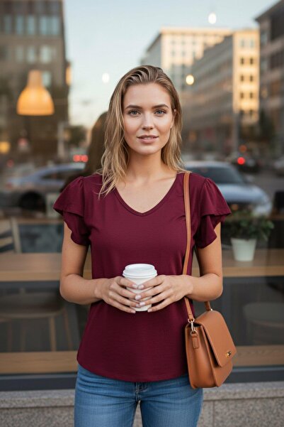 Mossta Short Sleeve V-Neck Viscose Blouse Burgundy