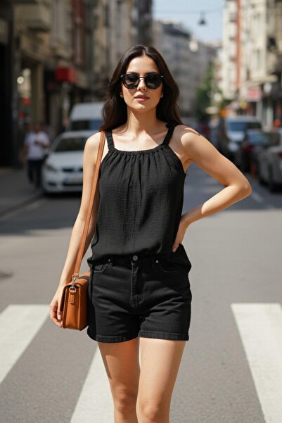 Mossta Casual Style Viscose Blouse with Drawstring Detail - Black