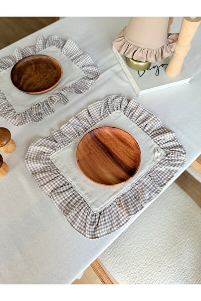 KaiAtelier 6-Piece Natural X Sienna Linen Rectangular Placemat with Ruffle De...