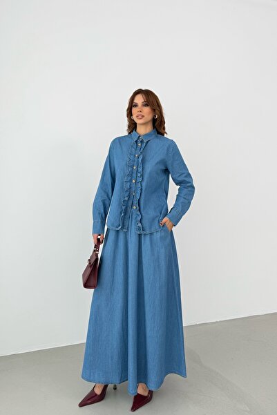 BEJNA Women's Ruffled Shirt Skirt Denim Bottom Top Set