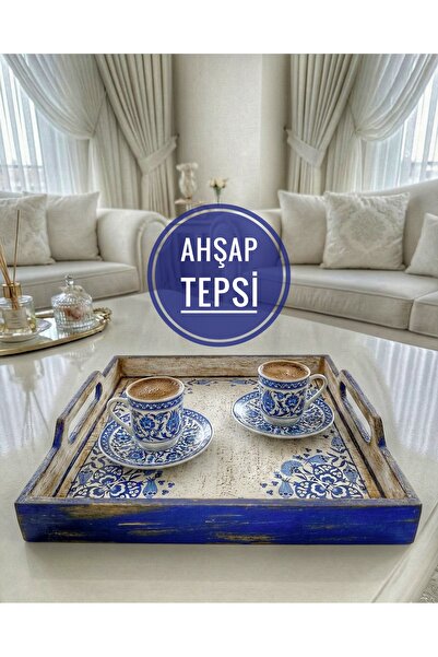 buraxe Ahşap el yapımı,çini desenli tepsi,32×32 cm,anneler günü,doğumgünü hed...