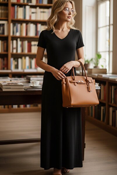 Mossta V-Neck Short Sleeve Flared Viscose Dress - Black