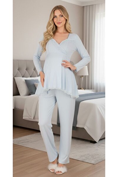 Lohusa Homewear New Season Blue Stylish Lace Detailed Long Sleeve Special Des...