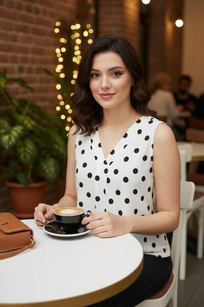 Mossta V-Neck Polka Dot Single Jersey Blouse - White