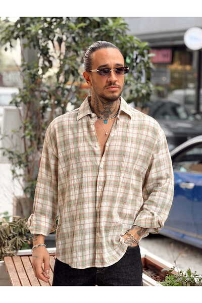 manch collection Oversize Checkered Linen Shirt Mint