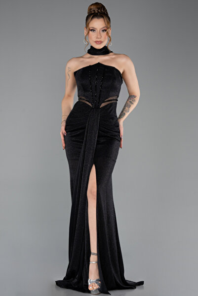 Abiyefon Siyah Straplez Şallı Bacak Dekolteli Uzun Simli Abiye ABU5560