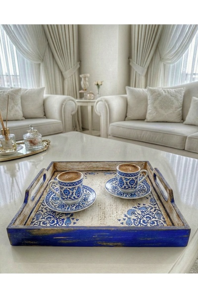 buraxe Handmade Wooden, Porcelain-Patterned Presentation Set, Tray + Candy Bowl/Turkish Delight Bowl + Napkin Holder