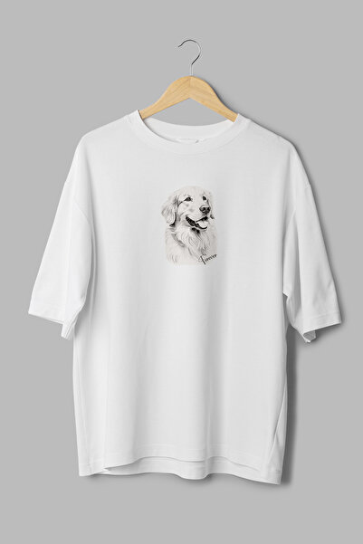 Overoz Golden Retriever Dog Printed Semi-Oversize White Tshirt 1189