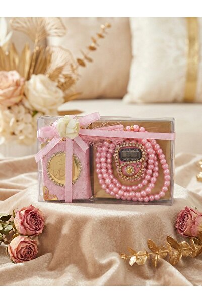 Lotus Dükkan Lüks Hediyelik Set - İnci Tesbih, Taşlı Zikirmatik ve Kadife Min...