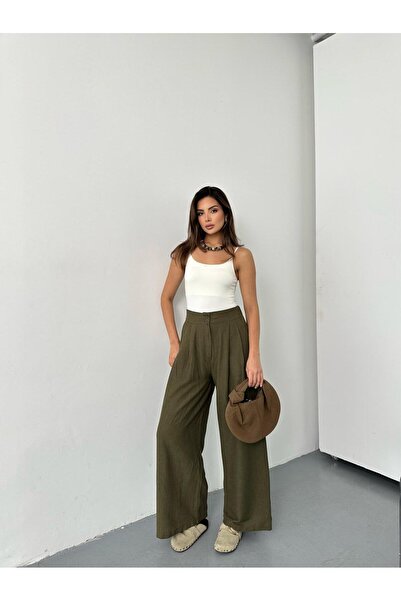 QUASAR Fashion New Season Linen Fabric Wide-Leg Pants with Elastic Waist and ...