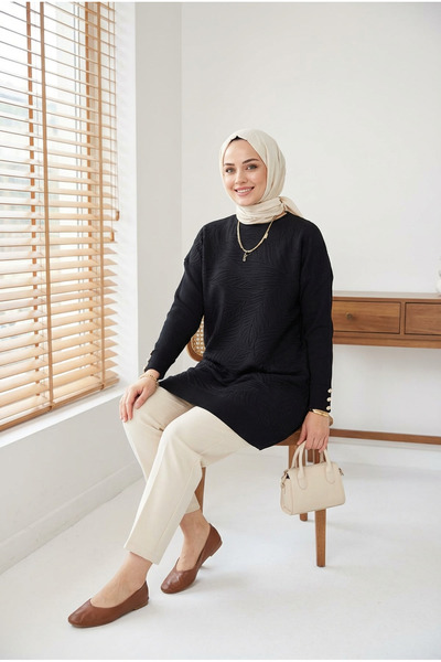 Kirazca Butik Women's Leaf Patterned Mercerized Tunic with Cufflinks