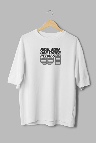 Overoz Three Pedals Car Pedal Printed Semi Oversized White Tshirt 1175