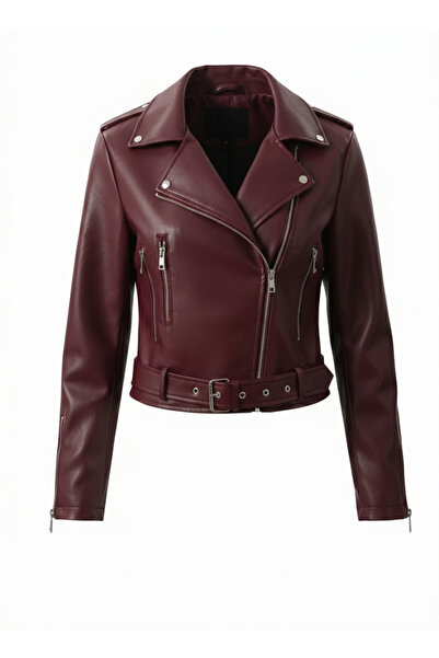 MEECY Women's Leather Jacket with Zipper and Belt Detail