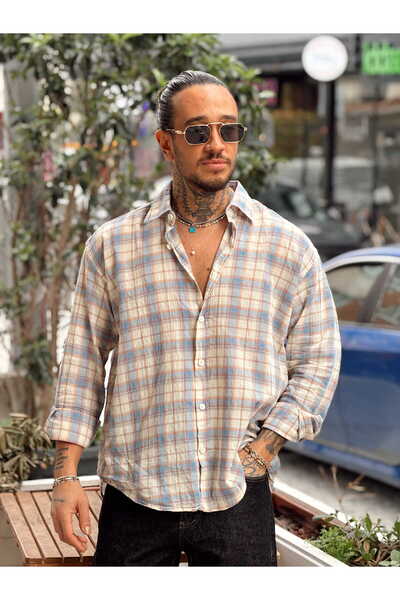 manch collection Oversize Checkered Linen Shirt Blue