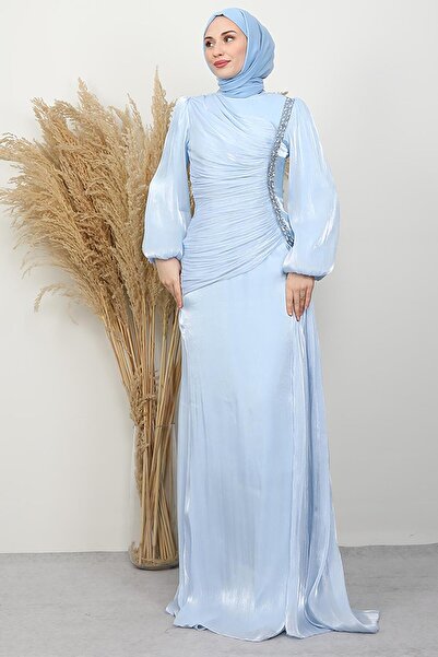 GİYZAMİLA Zer Stone Yoryo Evening Dress Baby Blue
