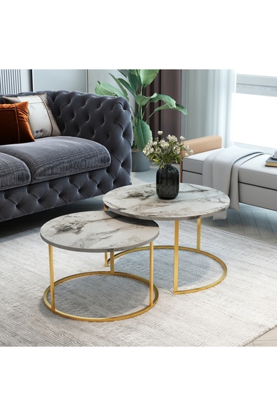 MRVHOMEE 2’li Orta Sehpa Seti – 60 & 75 cm – GOLD Metal Ayaklı-MERMER GÖRÜNÜM...