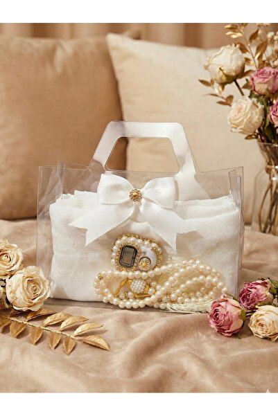 Lotus Dükkan Asetat Çantalı Hediyelik Set - Pamuklu Şal, İnci Tesbih ve Taşlı...