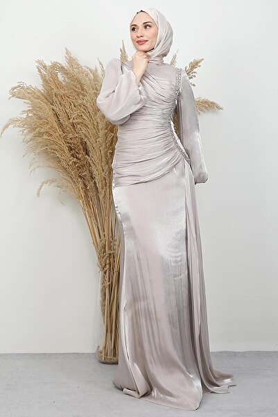 GİYZAMİLA Zer Stone Yoryo Evening Dress Beige