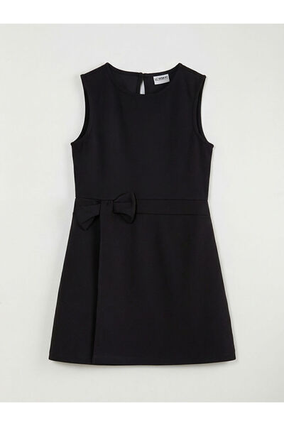 LC Waikiki Μαύρο φόρεμα για κορίτσια με φιόγκο και λαιμόκοψη ποδηλάτου