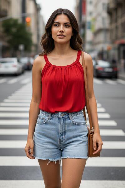 Mossta Casual Style Viscose Blouse with Drawstring Detail - Red