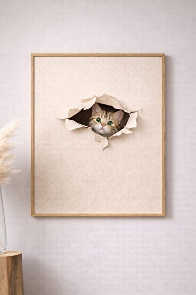 Meraklı Kedi Ahşap Çerçeveli Duvar Tablosu