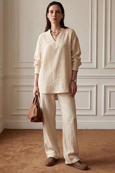 Hiccup My Fashion V-Neck Blouse & Wide-Leg Pants Double Muslin Set