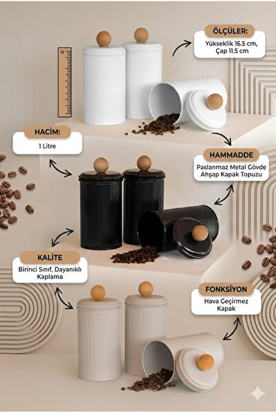 RİVO HOME DECOR The Mia Stripe Tea Coffee Sugar Jar 1.20 Lt Black-White -Beig...