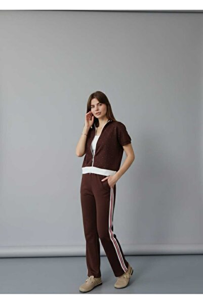 MİHRİZAR Women's Short Sleeve Modal Tracksuit Set with Stone Detailing and Ga...