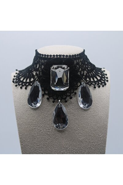 Mournbelle Gotik Gümüş Taşlı Parıltılı Dantel Choker (El Yapımı)