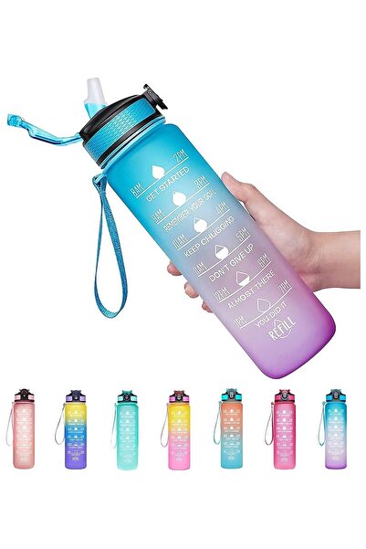GENERAL Large 1-liter plastic water bottle with motivational quotes and time ...