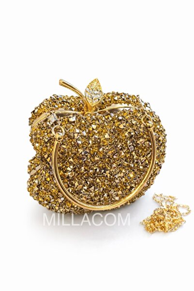 Millacom حقيبة سهرة على شكل تفاحة مرصعة بالأحجار مع مقبض معدني وحزام سلسلة