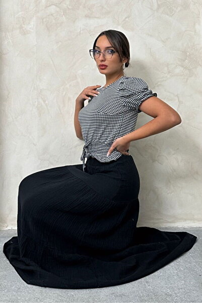 Caddebostan Moda Women's Gipeli Waist Lace-Up Checkered Balloon Sleeve Blouse