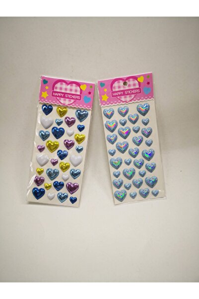 Linea Metalik Renkli, Mavi Kalp Sticker Etiket Kabartmalı - 2 Farklı Model Bi...