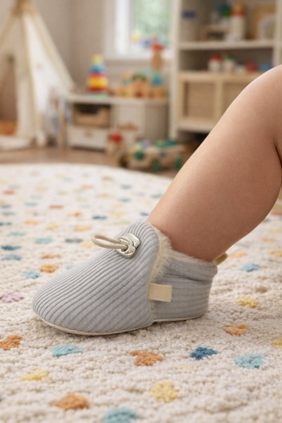 Tiny Feet Ribbed Gray Knitwear, Plush Lined, Non-Slip Sole, Elastic Baby Booties, Home Boots, Slippers